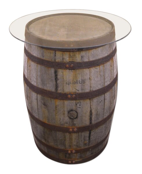 190L Originales schottisches Whiskyfass als Stehtisch mit Glasplatte